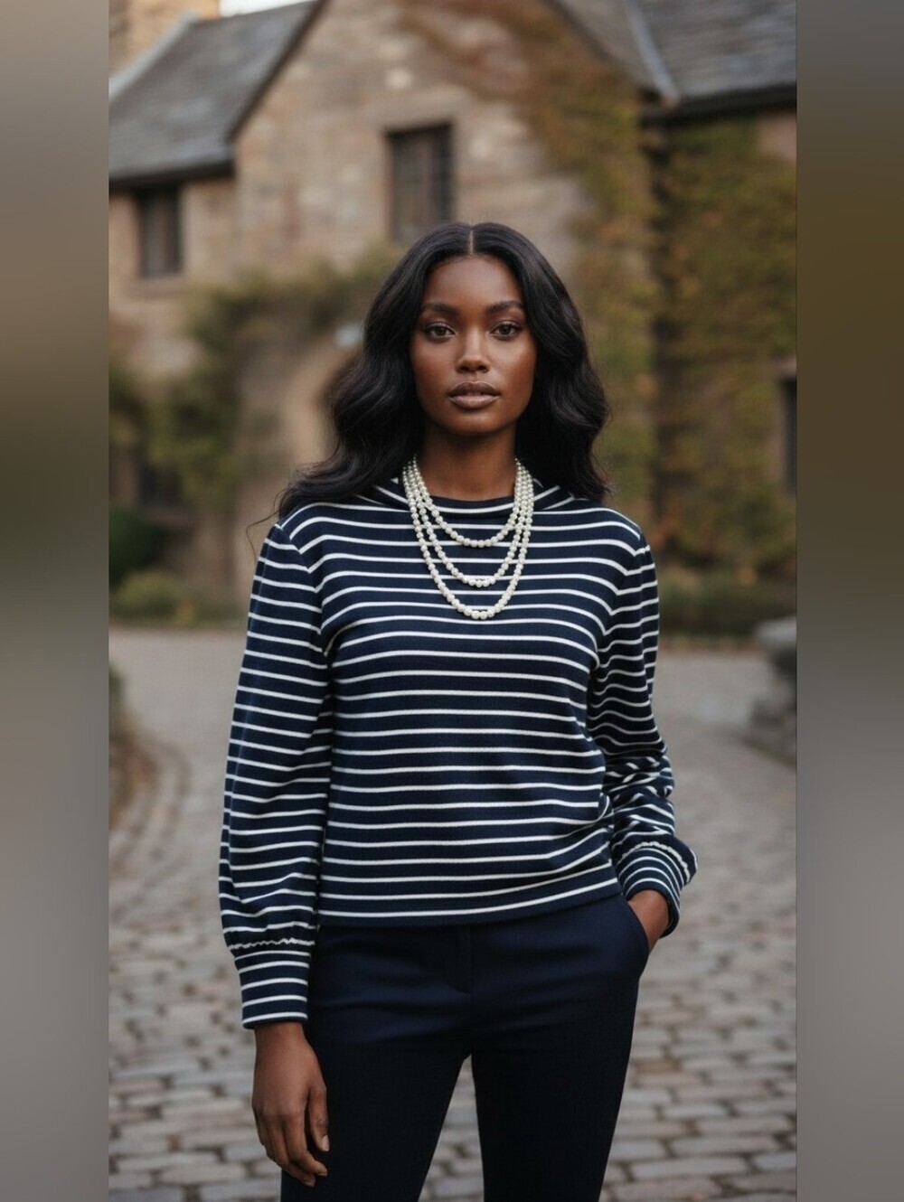 Madewell Navy White Striped Mock Neck Knit Pullover Top Gathered Sleeve XL
